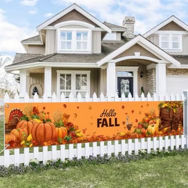Imagem de BlissYard Hello Fall Banner 395 x 50 cm Abóboras Milho Peru Folhas de Outono Carroça de Madeira Design de Colheita Feriado Pendurado na Parede Interior Exterior Outono Cenário Decoração de Varanda