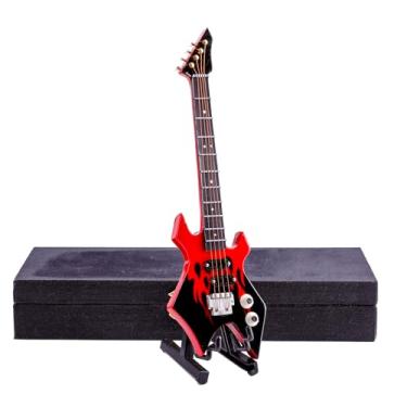 Imagem de Dselvgvu Miniatura de madeira para baixo elétrico com suporte e estojo Mini instrumento musical réplica de baixo elétrico estatuetas colecionáveis modelo decoração de casa e ornamento (16 x 4,8 x 0,7