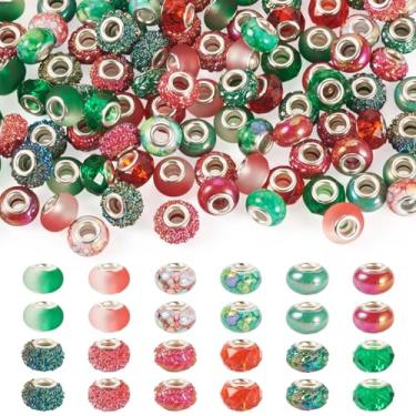 Imagem de FASHEWELRY 120 peças de contas espaçadoras de orifício grande de Natal 14 x 9 mm contas europeias de resina Rondelle vermelhas e verdes com núcleos de latão para pulseiras, canetas com miçangas