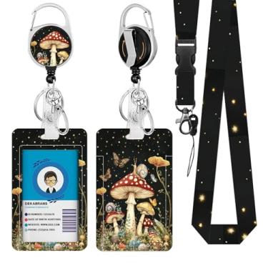 Imagem de Cordão de cogumelo para crachá de identificação, suporte de cartão de identificação com clipe retrátil e chaveiro, capa protetora de crachá de identidade vertical com etiqueta de nome para estudantes