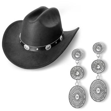Imagem de Aswitnove Conjunto de brincos de botas de vaqueira com strass, chapéu de caubói, feltro, Fedora, jazz, chapéu de rodeio, roupa feminina tamanho M, Triplo oval preto, M