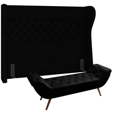 Imagem de Kit Cabeceira Cama Box Casal 140 cm Madrid com Puff Recamier Santorini P05 Couríssimo Preto - Lyam Decor