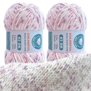 Imagem de FREEASYFAR Fio de lã colorido, fio de lã variegado super macio de camada única para tricô e crochê, 20% lã australiana e 80% acrílico, fio leve DK #3, 2 novelos, 200 g/500 m (sussurro de metal)