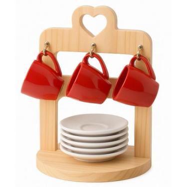 Imagem de Jogo 6 Xicara Colorida de Café Com Pires Porcelana Branca com Suporte 