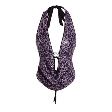 Imagem de Verdusa Top feminino de lantejoulas com estampa de chita Y2K, espartilho amarrado nas costas, costas cavadas, lantejoulas, roxo, PP