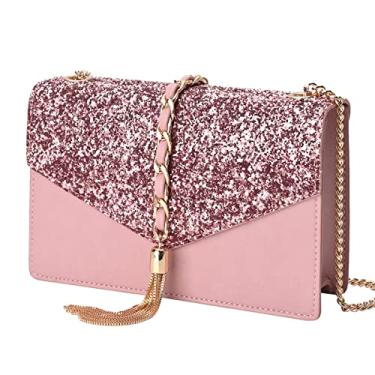 Imagem de GM LIKKIE Bolsa clutch transversal para mulheres, bolsa noturna com glitter, borla de lantejoulas, bolsa de casamento para festa, rosa