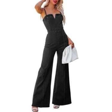 Imagem de Macacão feminino Loveimgs jeans sem mangas Flare Black S