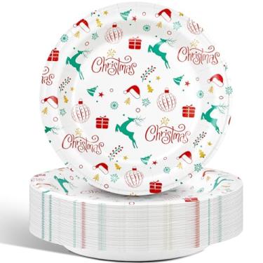 Imagem de Charmount 50 peças de pratos de papel de Natal, conjunto de pratos de papel descartáveis de 21,6 cm para festa de Natal, pratos de Natal para suprimentos de festa, pratos de sobremesa, decorações de