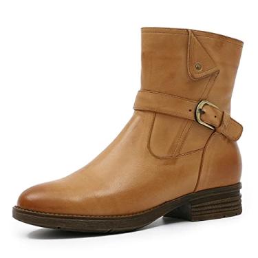 Imagem de Mona flying Botas femininas de couro genuíno franzido, cano médio, zíper lateral duplo, bico redondo, fivela e tira, Marrom - 24, 7.5