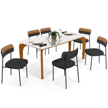 Imagem de Mesa De Jantar Capri Off White 6 Cadeiras Melina B05 Linho Grafite Couríssimo Caramelo - Lyam Decor