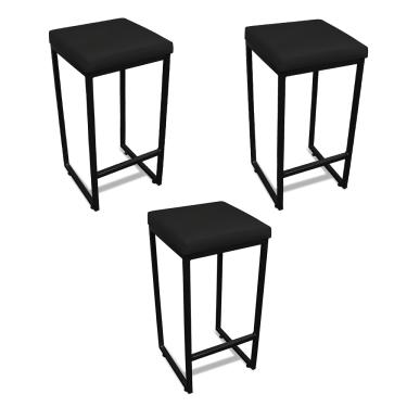 Imagem de Banqueta Alta para Cozinha Industrial Kit 3 Nick Preto e Sintético Preto D03 - D'Rossi