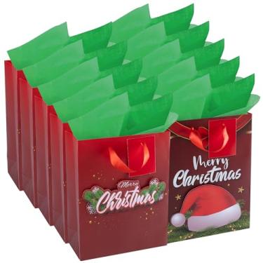 Imagem de RACHELLE'S Sacos de presente de Natal – Pequenos 22,8 x 17,8 x 7,6 cm (pacote com 10) – Sacos de presente de papel resistente com papel de seda, etiqueta e alça – Guirlanda de Natal e desenhos de