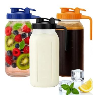 Imagem de Jarra de vidro hermética e à prova de vazamento com alça e tampa, perfeita para leite materno, bebida fria e chá solar para uso externo, frasco de vidro de 2 litros com tampa de bico de despejo, jarro