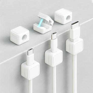 Imagem de Pacote com 6 organizadores de cabos magnéticos extra fortes – clipes magnéticos de cabo com adesivo para mesa, carro e casa, suporte de cabo universal para carregadores, cabos USB e HDMI - branco