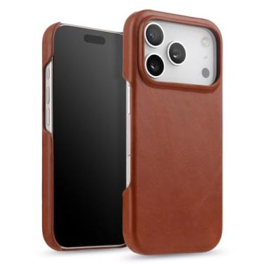 Imagem de HAOMRIYL Capa magnética para iPhone 17 Pro Max/17 Pro/Air/17, capa protetora fina de couro genuíno com botão oco forro de microfibra à prova de choque, marrom, 17 Pro Max
