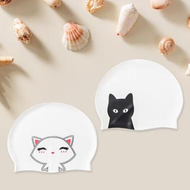 Imagem de 2 toucas de natação de silicone para mulheres com padrão de desenho animado para cabelos longos e curtos homens adultos, à prova d'água, antiderrapante, confortável, touca de banho para manter o