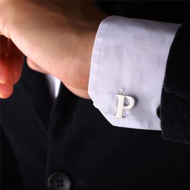 Imagem de Abotoaduras iniciais de aço inoxidável 26 abotoaduras de letra inicial do alfabeto camisas de casamento de negócios A-Z, One Size, Aço inoxidável, Sem Pedra Preciosa