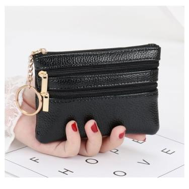 Imagem de Porta-moedas, carteira feminina compacta de couro com zíper - Mini carteira com chaveiro - organizador de bolso para cartões, dinheiro, identidade, Preto