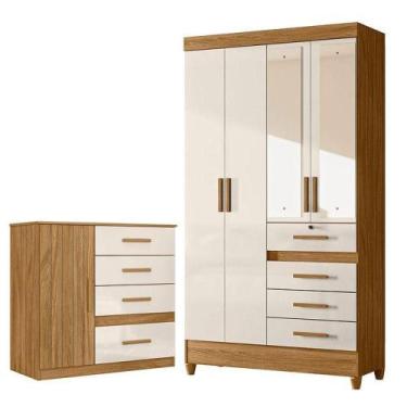 Imagem de Guarda Roupa Solteiro Sobral Com Espelho E Cômoda Vênus Freijó Off Whi