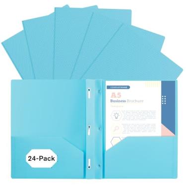 Imagem de EEHZTSI Pacote com 24 de plástico e bolsos e pontas, 2 bolsos e 3 fixadores, pastas pastel, comporta papel de 21 cm x 28 cm para escola, escritório/casa, azul