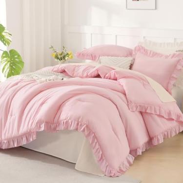 Imagem de Andency Jogo de cama King extragrande, 128 x 120, 3 peças, rosa com babados e chiques, conjunto de cama para mulheres, leve, fofo, super king, plus size