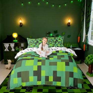 Imagem de Conjunto de capa de edredom Pixel Grid Miners, tamanho casal, geométrico, patchwork, pixelado, conjunto de cama infantil, gamepad de desenho animado, videogame, capa de edredom verde ciano, 2 fronhas