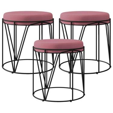 Imagem de Kit 03 Puffs Aramado Preto Zaya L02 Suede Rosê