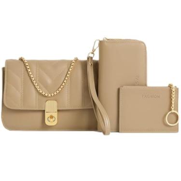Imagem de Kit Bolsa feminina 3 em 1, Bolsa Transversal Matelassê com Alça Corrente Dourada, Carteira e Porta-Cartões, Acabamento Premium- Cor Caqui