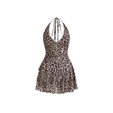 Imagem de Vestido BEAUDRM Y2K com estampa de leopardo sem encosto para mulheres