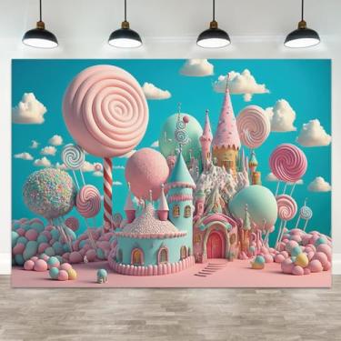 Imagem de ASDCXZ 6 x 3 m Candyland Pano de fundo para fotografia de castelo de doces fantasia pirulito céu azul nuvem branca desenho animado infantil faixa de aniversário decoração de chá de bebê retrato cabine