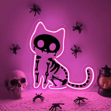 Imagem de Sinal neon de gato, luz LED regulável rosa para decoração de arte de parede, pano de fundo de Halloween para festa de clube, presente de animal para meninos e meninas adolescentes alimentado por USB