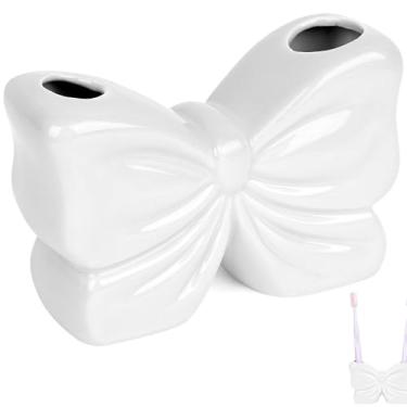 Imagem de Biiange Suporte de escova de dentes mini arco, suporte de escova de dentes bonito de cerâmica, com orifício de drenagem, acessórios de bancada de banheiro, para organização de armazenamento de vasilha