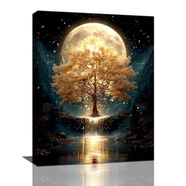 Imagem de Golden Tree Wall Art Fantasy Tree com Lua e Cachoeira Tela Decoração de Parede Imagens Impressões Natureza Mística Arte Emoldurada Decoração Para Meditação Espaço Banheiro Quarto Sala de Estar