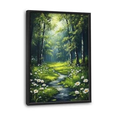 Imagem de Arte de parede de floresta verde para sala de estar, decoração de parede de lona vertical de árvore grande, pintura emoldurada de imagens de margaridas, arte de paisagem para quarto, escritório