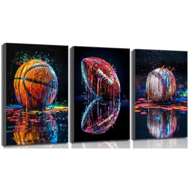 Imagem de 3 peças de arte de parede em tela esportiva de graffiti quarto de meninos rústico futebol americano beisebol rúgbi decoração de parede imagens coloridas modernas impressões de pôsteres para berçário