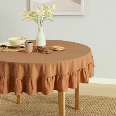 Imagem de MONDAY MOOSE Toalha de mesa rústica de algodão lavado em pedra natural com babados Farmhouse para cozinha, sala de jantar, restaurante (redonda de 152 cm, canela)