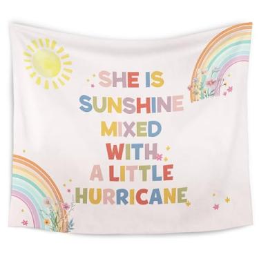 Imagem de WARDOS Tapeçaria de berçário boho arco-íris, tapeçaria infantil, tapeçaria para parede, She Is Sunshine Mixed with a Little Hurricane, cobertor de parede para quarto de meninas, quarto de bebê, 127 x
