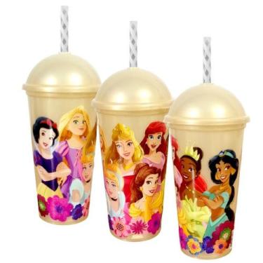 Imagem de Kit 2 Copos Shake 500ml Tampa Canudo das Princesas Disney - Plasutil, 