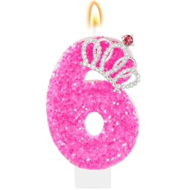 Imagem de IDIJOLI Vela de aniversário rosa choque coroa número 6, topo de bolo de 6º aniversário, decoração de cupcake, decorações de festa temáticas de princesa para meninas e mulheres, suprimentos para