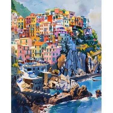 Imagem de VNUIEHG Kit de pintura colorida Cinque Terre por números para adultos, pintura estética moderna por número em tela, kits de pintura a óleo digital de arte abstrata adequados para decoração de parede