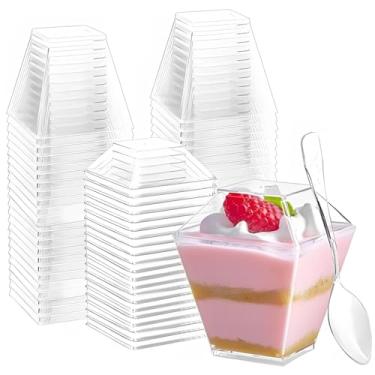 Imagem de LUMINFLY Conjunto de 50 peças de copos de sobremesa transparentes, copos quadrados de 227 g com tampas e colheres, ideal para catering e eventos, 2 × 0,7 × 1,8