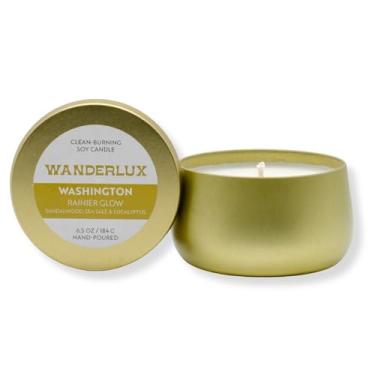 Imagem de Wanderlux Vela de soja Rainier Glow – Coleção Washington – derramada à mão nos EUA, sândalo, sal marinho, eucalipto, lata de latão com tampa, 184 g