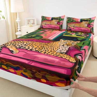 Imagem de Jogo de lençol casal de leopardo infantil, guepardo, animais selvagens, flores, meninos e meninas, boêmio, luxuoso, planta tropical, jogo de cama colorido, 2 fronhas (não planas)