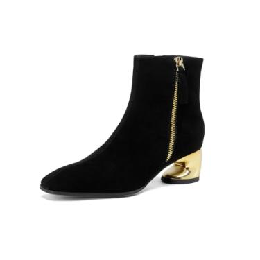 Imagem de TinaCus Bota feminina de camurça feita à mão com zíper duplo, bico quadrado, salto grosso, cano curto, Preto, 35