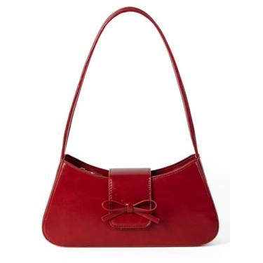 Imagem de Bolsa feminina com laço Y2K moderna linda bolsa de ombro de couro envernizado vegano de verão pequena bolsa de mão Hobo vermelha, Borgonha, Small