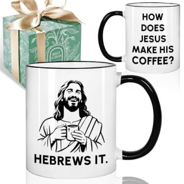 Imagem de Puouoonyi Presente cristão engraçado para homens e mulheres - How Does Jesus Make His Coffee Hebrews it, Caneca engraçada de Jesus para pastores companheiros de igreja, humor cristão, presentes