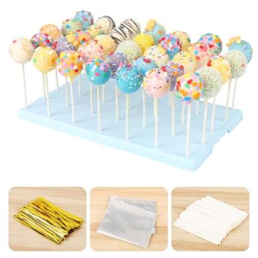Imagem de Suporte para exibição de bolo, 35 furos com 100 palitos, sacos, laços dourados - Kit essencial para picolés de bolo e pirulitos (azul)
