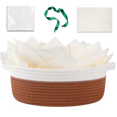 Imagem de OIAHOMY Cesta de presente vazia com alça, cesta pequena de tecido de 30,5 x 20,3 x 12,7 cm com saco de presente, fita e papel de embrulho, armazenamento de brinquedos para cães - vermelho e branco