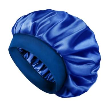 Imagem de Touca de seda para homens e mulheres capota de cabelo para dormir com camada dupla de cetim para cabelo encaracolado natural unissex, Azul, tamanho �nico