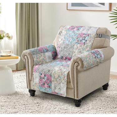 Imagem de Brilliant Sunshine Capa de sofá rosa lilás, design tradicional de patchwork, capa acolchoada para cadeira, 58 cm de largura, protetor de móveis antiderrapante, alça de 5 cm, capa de poltrona lavável